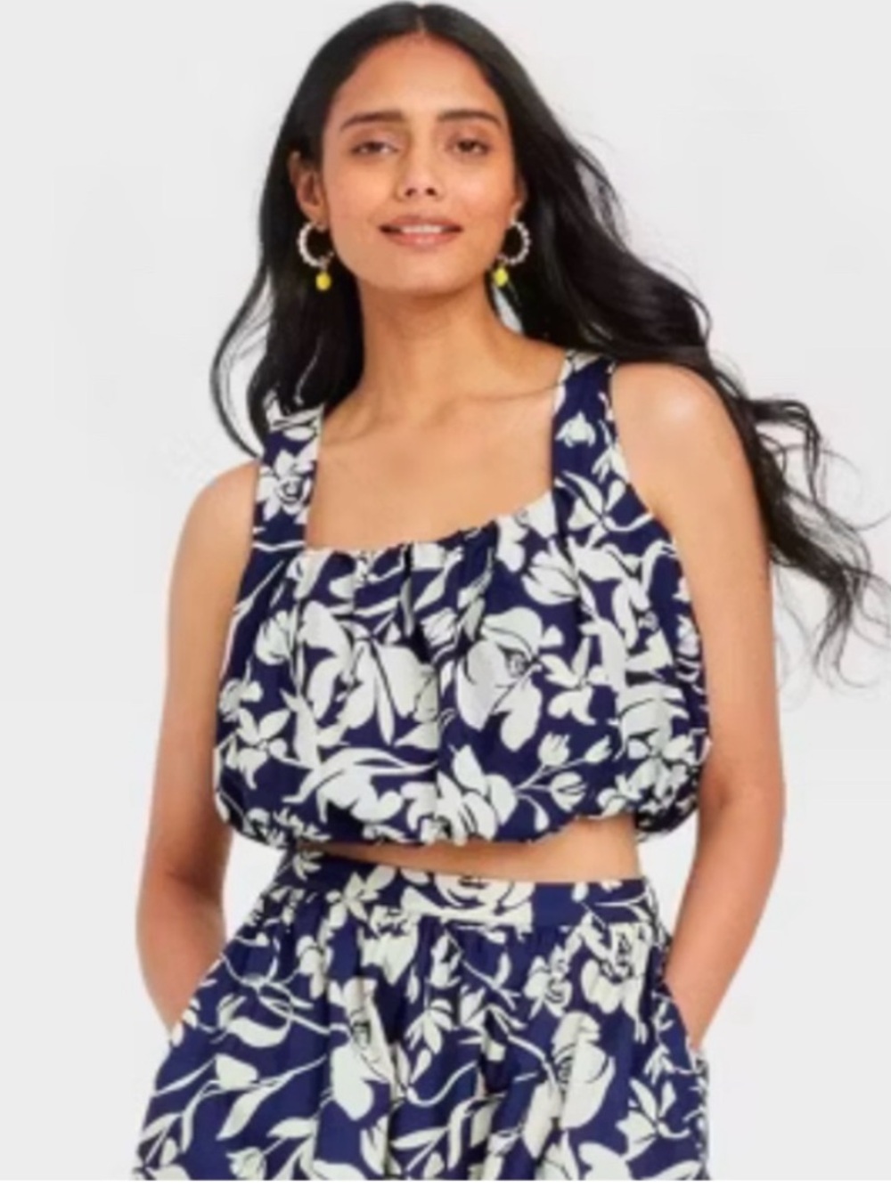 a new day Navy White Floral Bubble-Hem Crop Top